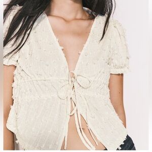 Cream Textured Tie-Front Top